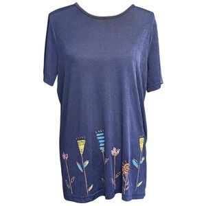 Coconut Bay Womens Medium Navy Embroidered Floral Hem‎ Top USA